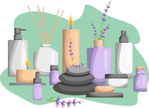 Illustration for a spa salon. Candles, oils, depilation. Beauty treatments and spa relaxation for the wellness vector. A drawn set of spa attributes. A template for the design of a spa salon. Lavender set. - Διάνυσμα, εικόνα