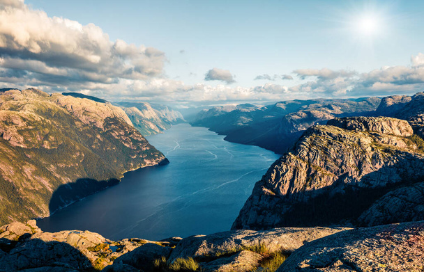 Great summer view of Lysefjorden fjord, located in the Ryfylke area. Splendid morning scene of Norway, Europe. Beauty of nature concept background - Фото, изображение