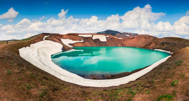 Colorful summer panorama of crater pool of Krafla volcano. Dramatic morning scene in the Northeast Iceland, Myvatn lake located, Europe. Artistic style post processed photo. - Photo, Image