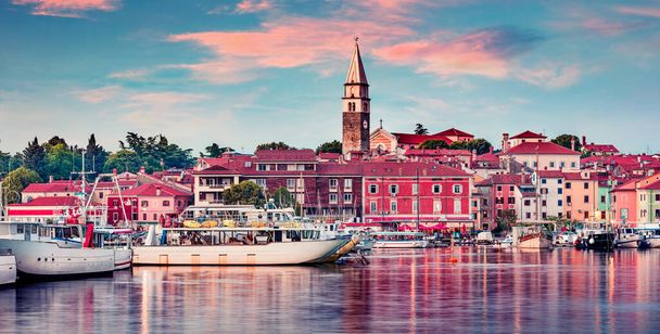 Stunning morning cityscape of old fishing town Isola. Colorful summer seascape of Adriatic Sea. Beautiful outdoor scene of Slovenia, Europe. Traveling concept background.  - Photo, Image
