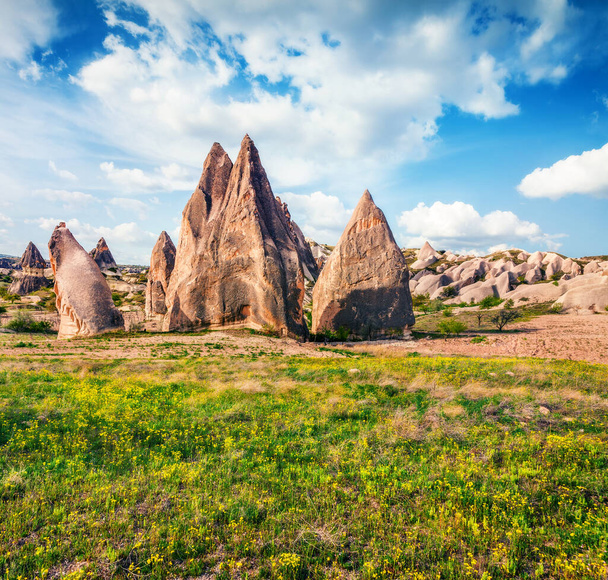 Captivating summer view of Cappadocia. Breathtaking morning scene of Red Rose valley. Cavusin village located, district of Nevsehir, Turkey, Asia. Traveling concept background. - Foto, Imagem