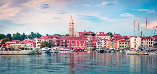 Colorful evening cityscape of old fishing town Isola. Fantastic spring seascape of Adriatic Sea. Beautiful evening panorama of Slovenia, Europe. Traveling concept background. Orton Effect - Photo, Image