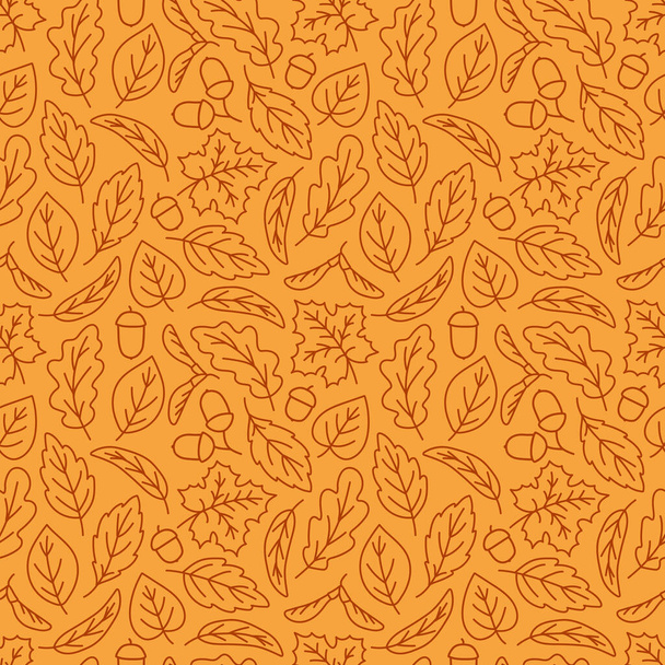 Seamless pattern with autumn doodles. Contour image of fallen leaves of maple, oak, linden, rowan, willow and acorns. Background with brown drawings for seasonal natural decor. Vector fall ornament - Vector, Image
