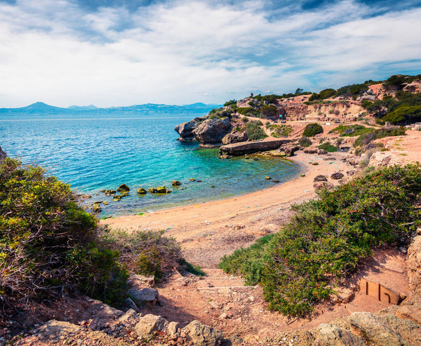 Splendid spring view of West Court of Heraion of Perachora, Limni Vouliagmenis location. Colorful morning seascape of Aegean sea, Greece, Europe. Traveling concept background. - Fotó, kép