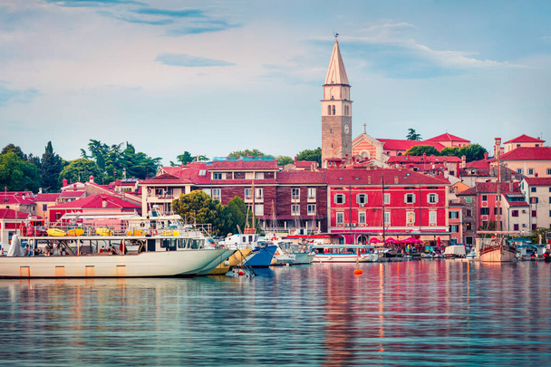 Splendid evening cityscape of old fishing town Isola. Colorful spring seascape of Adriatic Sea. Beautiful evening scene of Slovenia, Europe. Traveling concept background.  - Photo, Image