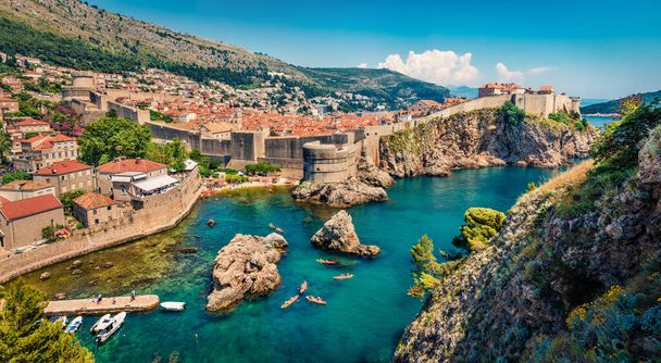 Picturesque morning view of famous Fort Bokar in city of Dubrovnik. Panoramic summer scene of Croatia, Europe. Beautiful world of Mediterranean countries. Architecture traveling background. - Photo, Image