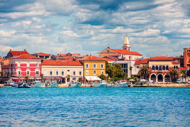 Splendid morning cityscape of popular summer resort Porec. Colorful spring seascape of Adriatic Sea. Great  scene of Istrian Peninsula in western Croatia, Europe. Traveling concept background.  - Photo, Image