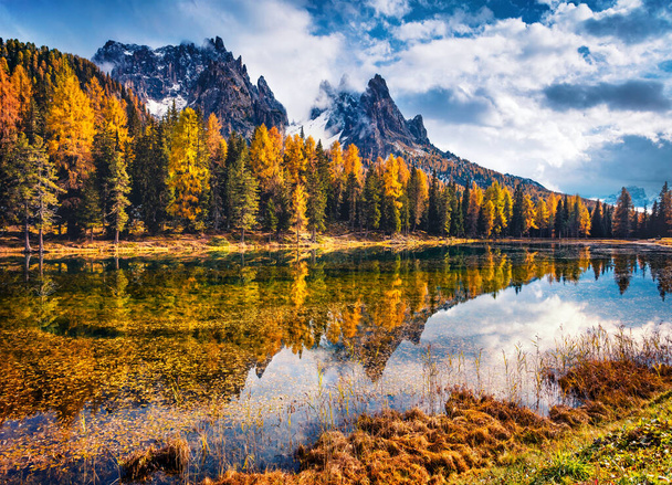 ドロマイトアルプス、ベルーノ県、イタリア、ヨーロッパのカラフルな朝の景色。アントルノ湖の劇的な秋のシーン。自然の概念の背景の美しさ. - 写真・画像