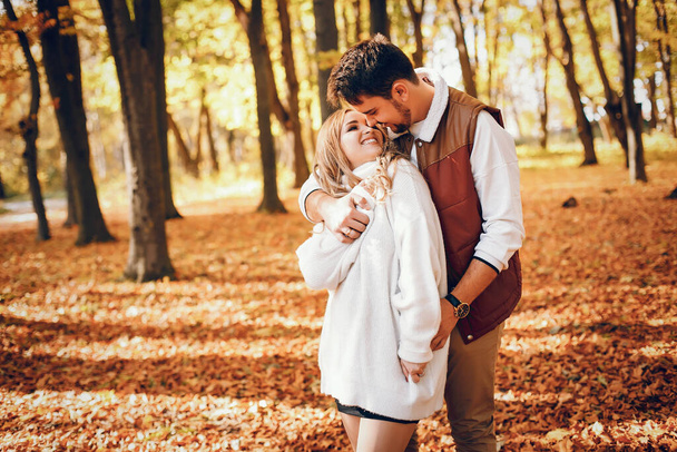 Elegant couple in a sunny autumn park - Φωτογραφία, εικόνα