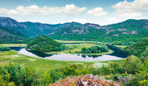 Tranquil νερά του ποταμού Crnojevica με παράξενα μανίκια απλωμένα μεταξύ των βουνών λόφους. Αεροφωτογραφία φαραγγιού κοντά στη λίμνη Σκάνταρ, Μαυροβούνιο, Ευρώπη. - Φωτογραφία, εικόνα