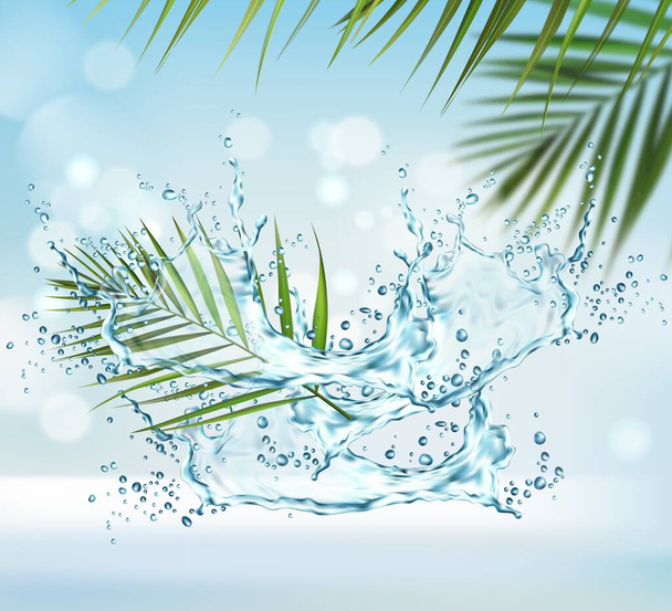 Czysta woda splash i liście palmy tła. Fala płynna wiruje kroplami, wektor rozpryskuje aqua dynamicznym ruchem z zielonymi liśćmi palmy i kroplami rozpylanymi. Projektowanie tapet lub kosmetyków - Wektor, obraz