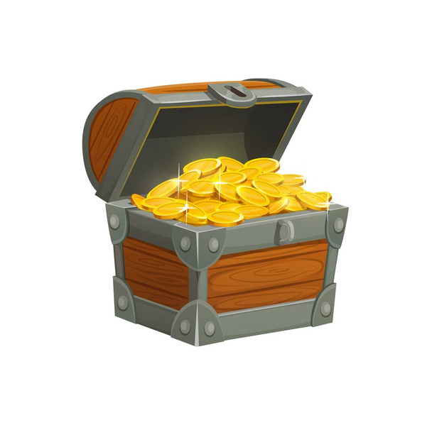 Cartoon pirate treasure chest with golden coins. Open wooden chest box decorated with forgery full of sparkling gold pieces isolated on white. Fantasy case game or mobile application ui element - Вектор,изображение
