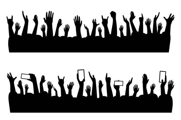Музичні концертні руки людей силует натовпу, векторна музична вечірка глядачів фону. Музичний гурт фестиваль народні руки тінь для танців або веселих на рок-концерті або шоу оплесків
 - Вектор, зображення