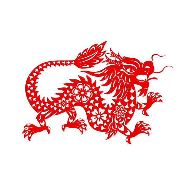 Capodanno lunare cinese drago, segno zodiacale e vettore orientale simbolo di feste. Drago rosso in arte tagliata su carta per il festival di Capodanno cinese, biglietto di auguri o calendario dell'oroscopo lunare - Vettoriali, immagini