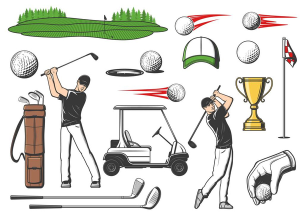 Golfer und Golfclub Sportartikel, Vektor-Spielgeräte-Symbole für Turniere oder Meisterschaften. Golf Club Caddy Cart, Siegerpokal und Spieler mit Golfschlägern und Pins auf grünem Abschlag oder Putter - Vektor, Bild