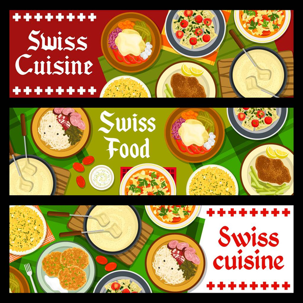 Ελβετικό εστιατόριο γεύματα πανό. Ρακλέτ με πατάτες και αγγούρια τουρσί, σνίτσελ, ραβιόλια σέσκουλα και ριζότο σαφράν, σούπα μινεστρόνε και φοντύ, πατάτα Fritter Rosti, φορέας λουκάνικων - Διάνυσμα, εικόνα