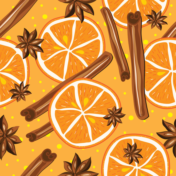 Cinnamon and oranges, vector, kitchen background. Abstract seamless background - Vector, Image