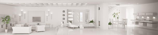 Белый интерьер современной квартиры панорама 3D рендеринг
 - Фото, изображение
