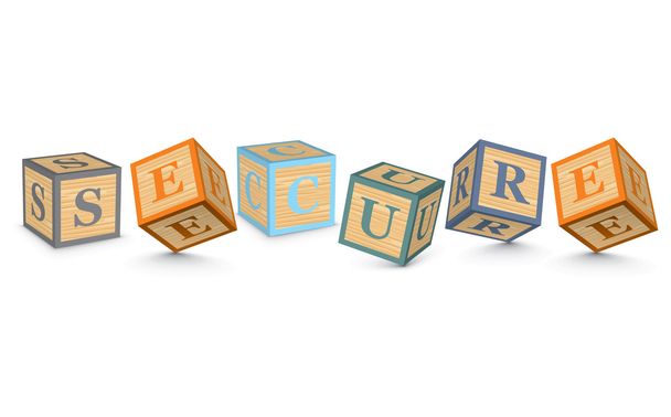 woord veilige geschreven met alfabet blokken - Vector, afbeelding