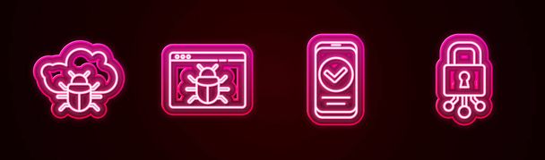 Set line System bug on a cloud, , Smartphone and Cyber security. Glowing neon icon. Vector - Vector, Image