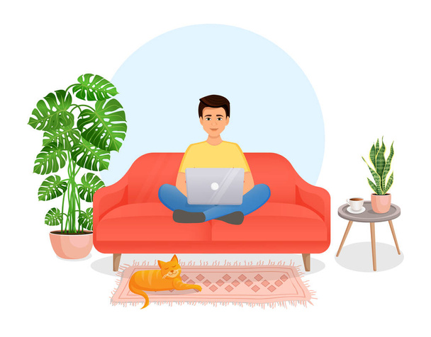 Ένας άντρας κάθεται στον καναπέ σε ένα δωμάτιο με έναν φορητό υπολογιστή με τη γάτα της. Επίπεδη διανυσματική απεικόνιση του ελεύθερου επαγγελματία, εργασία στο σπίτι, εργασία, γραφείο, εκπαίδευση. Απομακρυσμένη εργασία και επικοινωνία στα κοινωνικά δίκτυα - Διάνυσμα, εικόνα