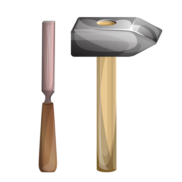 Vector image of a hammer and chisel auxiliary tool isolated on white background. Concept. Tool. Cartoon. EPS 10 - Vettoriali, immagini