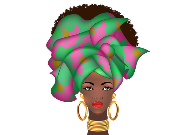 Afro frizura gyönyörű portré afrikai nő viasz nyomtatott szövet turbán, arany ékszerek, sokszínűség koncepció. Fekete királynő, etnikai fejnyakkendő az afro-perverz göndör hajhoz. Fehér alapon izolált vektor - Vektor, kép