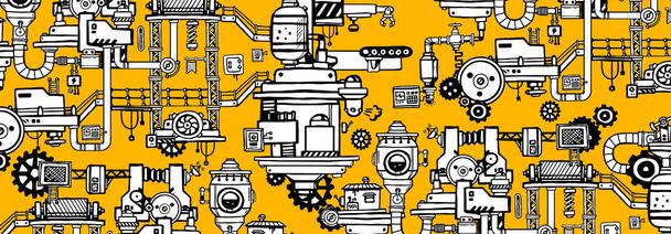 Vector Illustration with Pattern of Black and White Retro Machine. Hand Drawn Line Art Flat Style Design of Complex Mechanism of Product Production on Yellow Color Background - Vecteur, image