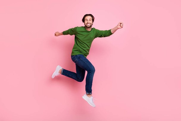 Full length profile photo of excited satisfied person look camera toothy smile isolated on pink color background - Foto, Imagem