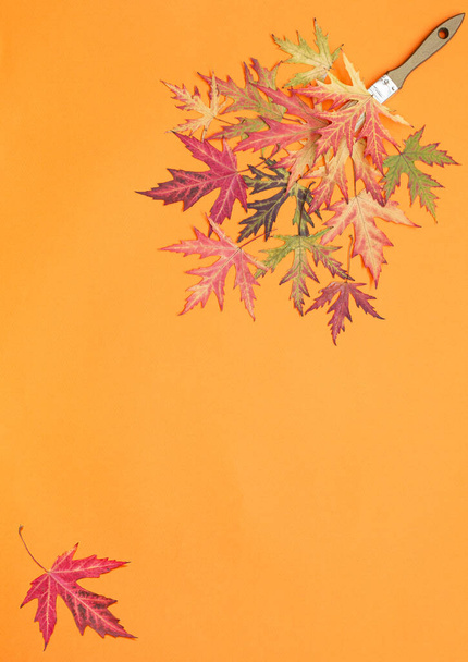 Autumn template multi colored maple leaves on orange background. Concept: autumn  paints, fall sales, holidays. Vertical.  Flat lay. Copy space for text.  - Foto, immagini