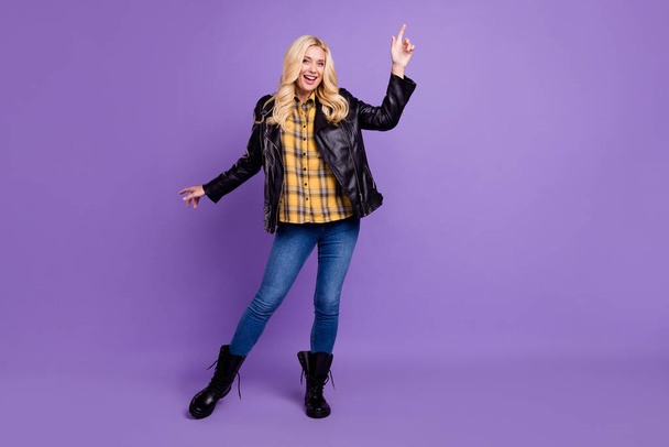 Full length body size view of pretty cheerful cool funky wavy-haired woman dancing isolated over bright violet purple color background - Zdjęcie, obraz