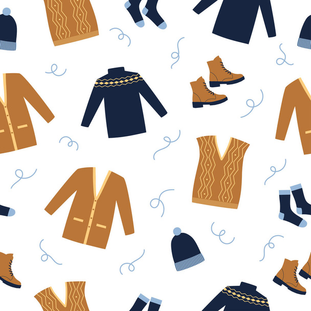 Seamless pattern winter clothes. Blue sweater, boots, socks, waistcoat and cardigan on white background. Doodle style.  - ベクター画像