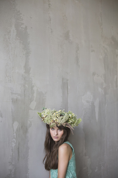 beautiful brunette girl with a wreath in her hair - Foto, afbeelding