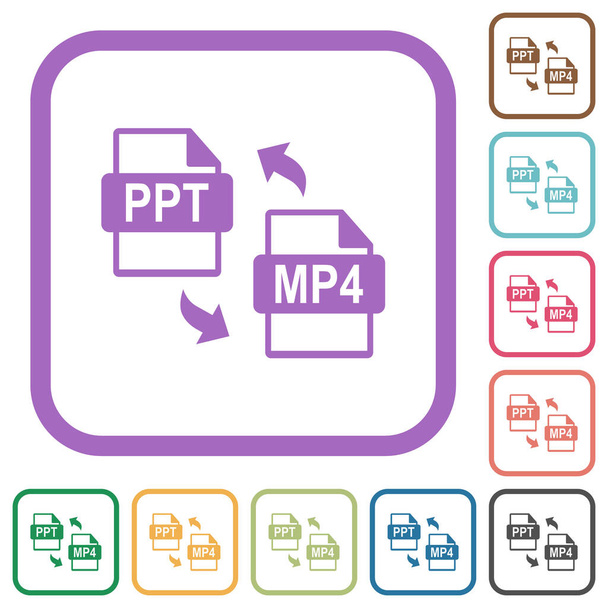 Conversión de archivos PPT MP4 iconos simples en marcos cuadrados redondeados de color sobre fondo blanco - Vector, imagen