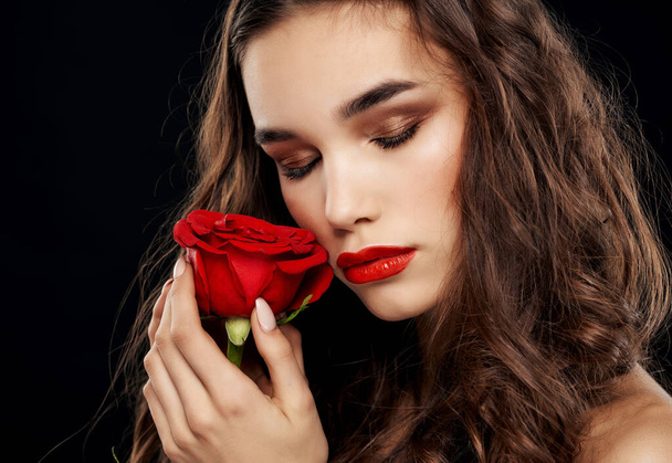 pretty brunette naked shoulders red rose bright makeup passion - Photo, image