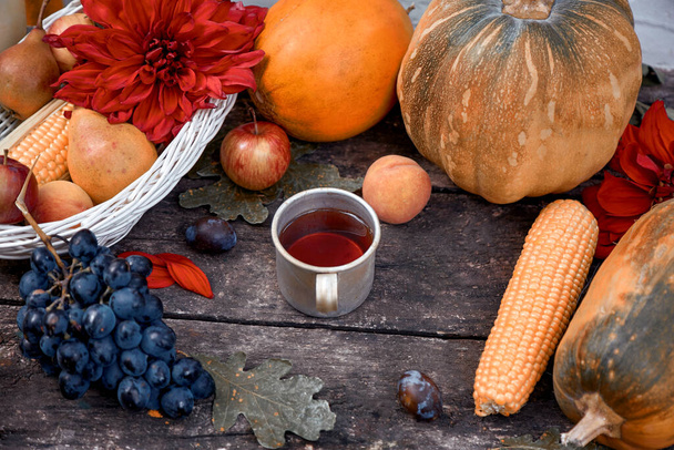  Cottagecore Aesthetic: fruits and vegetables: pumpkin, pears, apple and melon. Thanksgiving Day concept. Autumn still life with red dahlia and mug of tea - Photo, Image