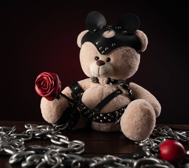 BDSM için deri kemer ve maske takmış oyuncak ayı bir aksesuardır. - Fotoğraf, Görsel
