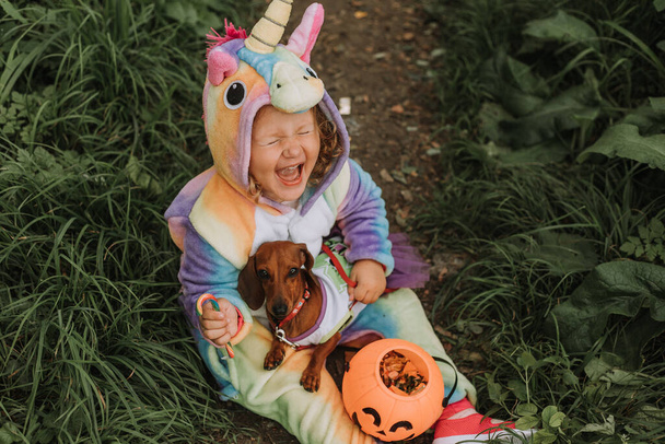 Маленькая смеющаяся девочка и карликовая такса в костюмах на Хэллоуин с корзинкой для тыквы для сладостей на открытом воздухе. Девушка в радужном костюме единорога Кигуруми, собака в платье с полной юбкой. - Фото, изображение