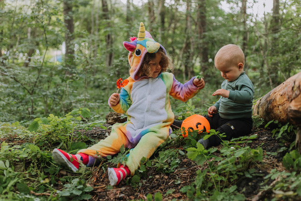 Маленькая девочка в радужном костюме единорога кигуруми сидит в парке с младшим братом и тыквенной корзиной за сладостями на фоне леса. Концепция Хэллоуина.  - Фото, изображение
