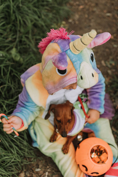 Kleine lachende meid en een dwerg teckel in Halloween kostuums met een pompoen mand voor snoepjes buiten. Meisje in regenboog eenhoorn Kigurumi kostuum, een hond in een jurk met een volledige rok. - Foto, afbeelding