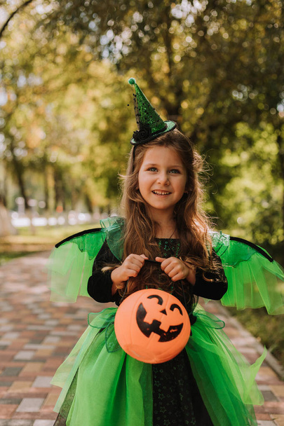 Χαριτωμένο κοριτσάκι με στολή μάγισσας για τις απόκριες κρατώντας καλάθι κολοκύθας στο πάρκο. Παιδί στην ύπαιθρο. Φάρσα ή κέρασμα. Απόκριες - Φωτογραφία, εικόνα