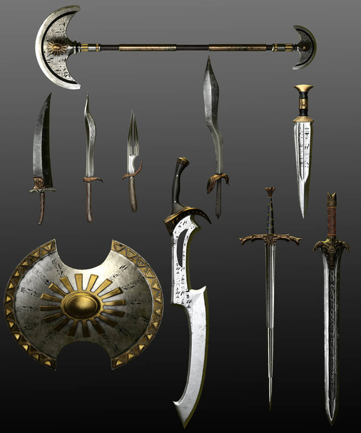 Verschiedene antike Waffen, ägyptische und europäische, mittelalterliche Waffen  - Foto, Bild