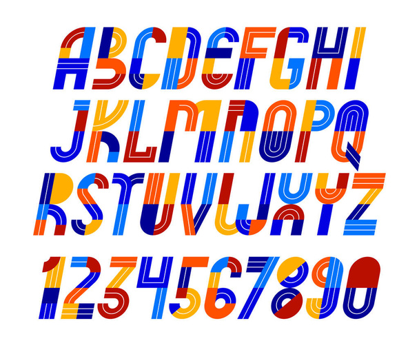 Sport game font, vector retro trendy geometric alphabet letters set, italic speed typeface, numbers included, 90s style logo creation. - Vetor, Imagem