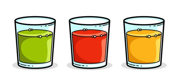 Juice set of green red and orange in a glasses isolated on white background vector illustration, cartoon style logo or badge for pure fresh juice, diet food beverage delicious and healthy.  - Vektor, Bild