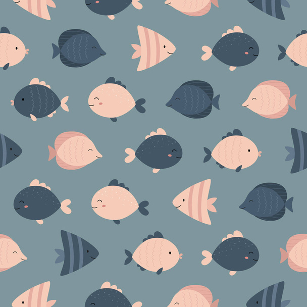 Seamless marine pattern. Cute fish. Vector illustration. Suitable for background, printing on fabric, wallpaper, wrapping paper - Vektor, kép