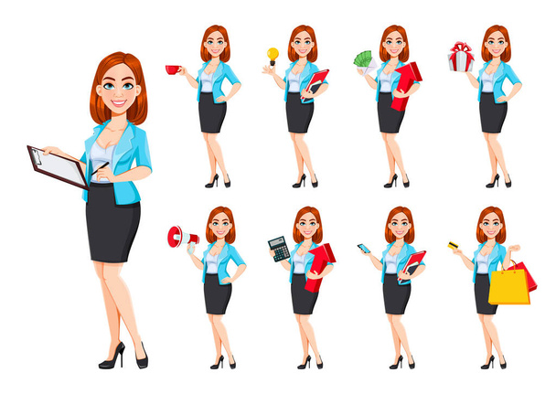 現代のビジネス女性の概念。美しい赤毛の漫画のキャラクタービジネスウーマン、 9つのポーズのセット。白地に独立したベクトル図 - ベクター画像