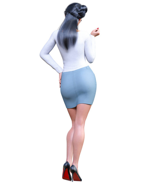 Sexy brunette hair woman office secretary uniform short mini skirt.Beautiful underwear collection.Femme fatale with glasses.Provocative liberated pose.3D rendering isolate.Conceptual fashion art. - Photo, Image