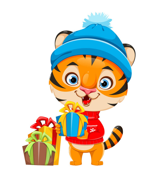 Feliz Navidad. Lindo personaje de dibujos animados tigre en caja de regalo de celebración de sombrero caliente. Stock ilustración vectorial sobre fondo blanco. - Vector, imagen