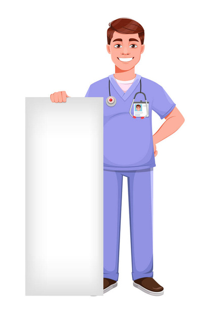 Médico bonito em uniforme profissional. Médico de pé perto de um grande cartaz em branco. Ilustração do vetor de estoque no fundo branco - Vetor, Imagem