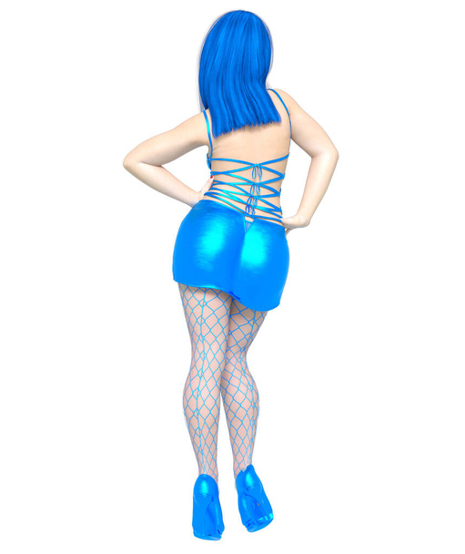 3D sexy girl short evening leather dress.Fishnet tights pantyhose.Woman retro style.High heel.Conceptual fashion art render.Femme fatale. - Foto, Imagem